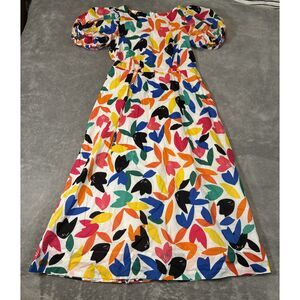 Calvin Klein Pleated Puff Sleeve Midi Dress Abstract Colorful Flowing Size 10